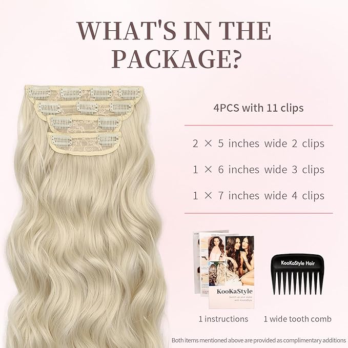 KooKaStyle Clip in Synthetic Hair Extensions Long Wavy 4PCS Thick Hairpieces Platinum Blonde Fiber Double Weft Natural Hair Extensions 24 Inch for Women