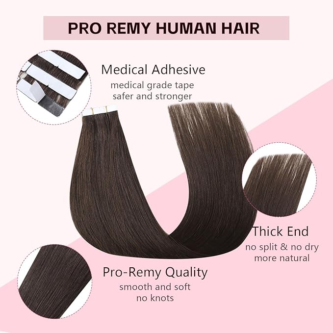 3rd-Generation Invisible Tape in Hair Extensions Human Hair #2 Dark Brown 20pcs 45g 20inch Seamless Injection Hand-Tied Invisi Edge Tape ins Extensions（#2-20inch）