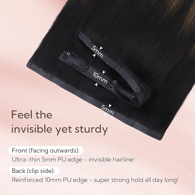 HOTBANANA Seamless Clip in Hair Extensions, 14 Inch 110g 7pcs Ombre Natural Black Mixed Chestnut Brown Invisible PU Skin Weft Straight Remy Human Hair Extensions