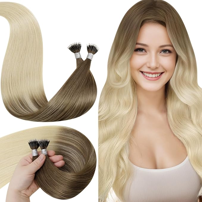 LaaVoo Nano Hair Extensions Human Hair Ombre Blonde Nano Bead Hair Extensions Ash Brown Fading to Light Blonde 50s 50g 20 Inch