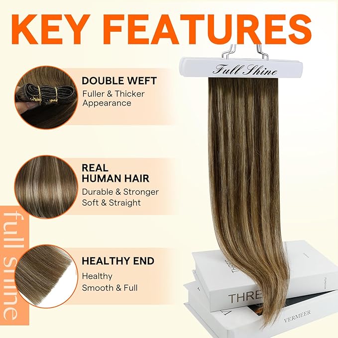 Full Shine Sew In Hair Extensions Real Human Hair Weft Color Brown To Blonde Mix Brown Machine Tied Weft Extensions Soft Hair Invisible Human Hair Sew In Extensions 12 Inch 80G