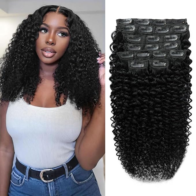 Curly Clip In Hair Extensions Human Hair 16 Inch 3C 4A 110g 8pcs Kinky Curly Clip Ins Full Head for Women Brazilian Remy Human Hair Extensions Natural Color with 20 Clips