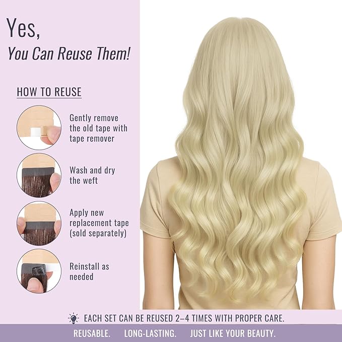 Fshine Invisible Tape in Hair Extensions Human Hair, 60 Platinum Blonde Tape in Wefts, Remy Skin Weft Human Extensions, 14 Inch 20 pcs 50 g Short Seamless Natural Look for Women, Ladies and Girls