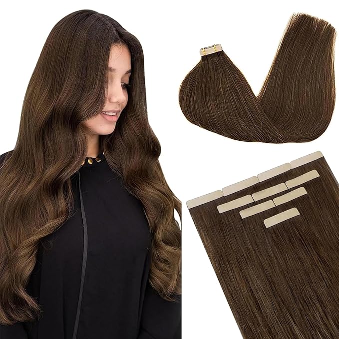 DOORES Tape in Human Hair Extensions, 16 Inch 25g 10pcs Chocolate Brown, Real Hair Extensions Tape in Human Hair Extensions Seamless Skin Weft Seamless