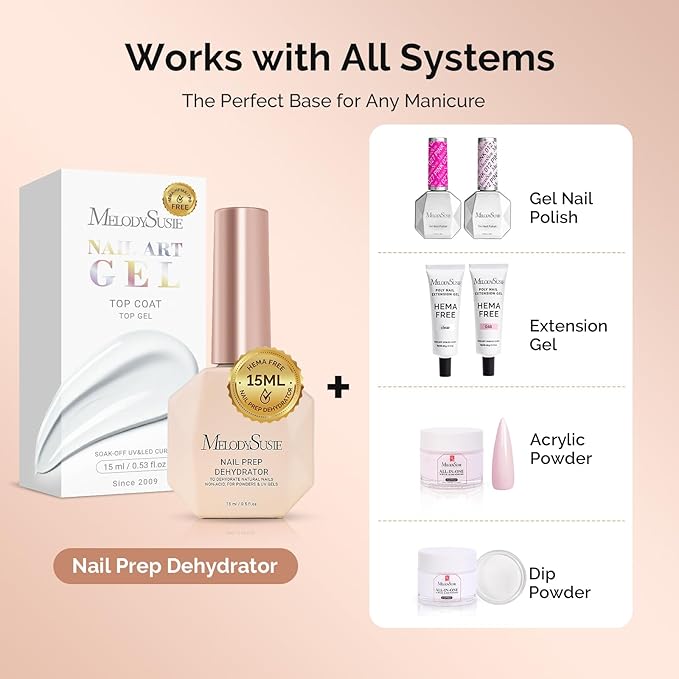 MelodySusie 15ml Nail Dehydrator HEMA Free Professional Nail Prep for Press On,Acrylic Gel Polish,Fast Dry for Long-Lasting Manicure at Home & Salon Use 0.5oz