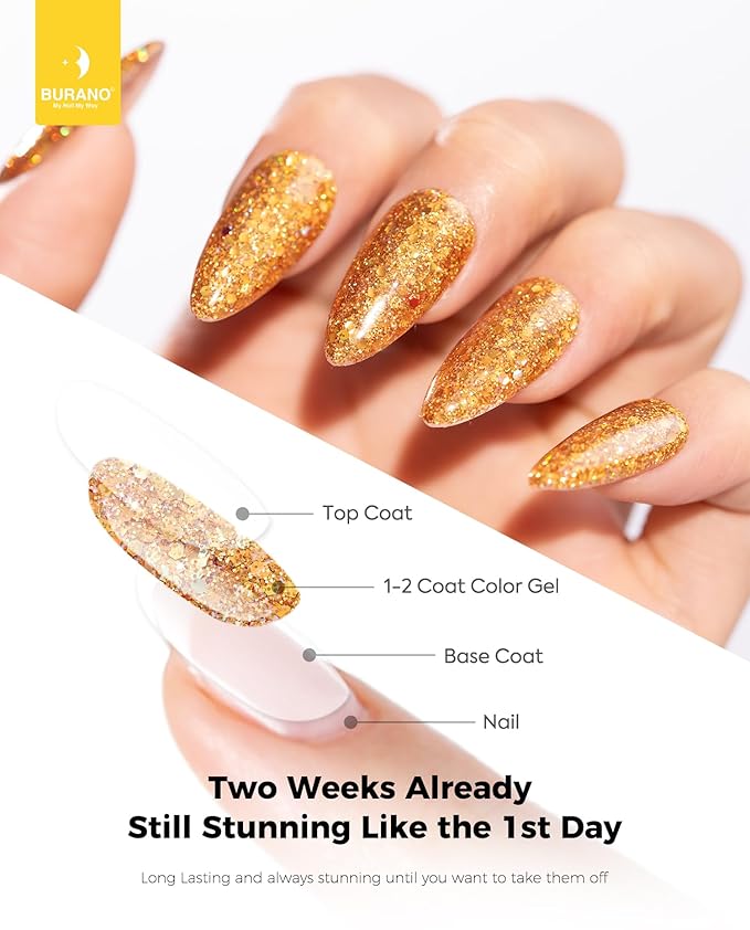 BURANO Glitter Gel Nail Polish, LED UV Holographic Effect, No Chip Home DIY Salon (Gold LP40)
