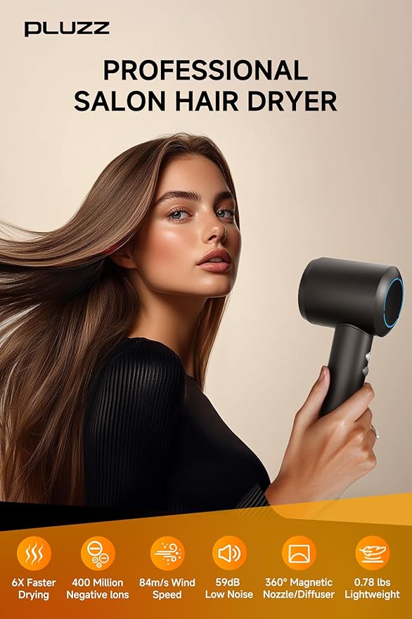PLUZZ Professional Hair Dryer with Diffuser for Curly Hair, 400M Negative Ionic Blow Dryer for Fast Drying, 120,000 RPM High-Speed Brushless Motor, Low Noise Lightweight, Travel-Friendly (Silver)