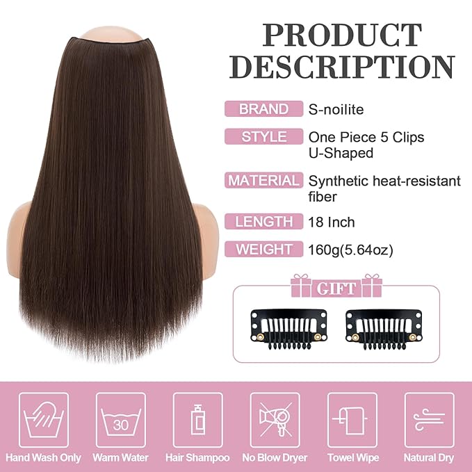 S-noilite One Piece Clip in Hair Extensions 18 Inch U-Shaped One Piece Hair Extensions Weft with 5 Clips Synthetic 3/4 Full Head Long Straight Medium Brown Thick Hairpieces for Women,#10B