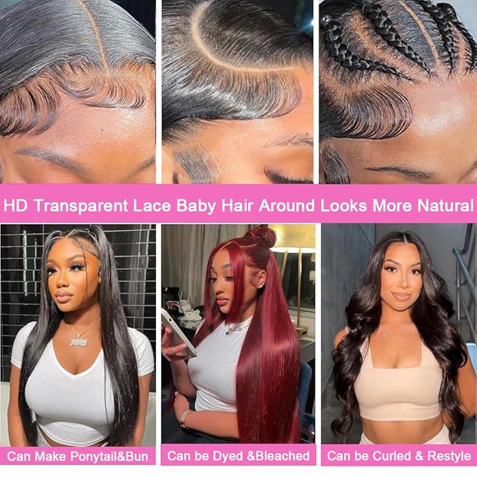 34 Inch Straight Lace Front Wigs Human Hair for Women 200 Density HD Transparent Straight Lace Front Wigs Human Hair Pre Plucked Glueless Lace Frontal Wigs Natural Black