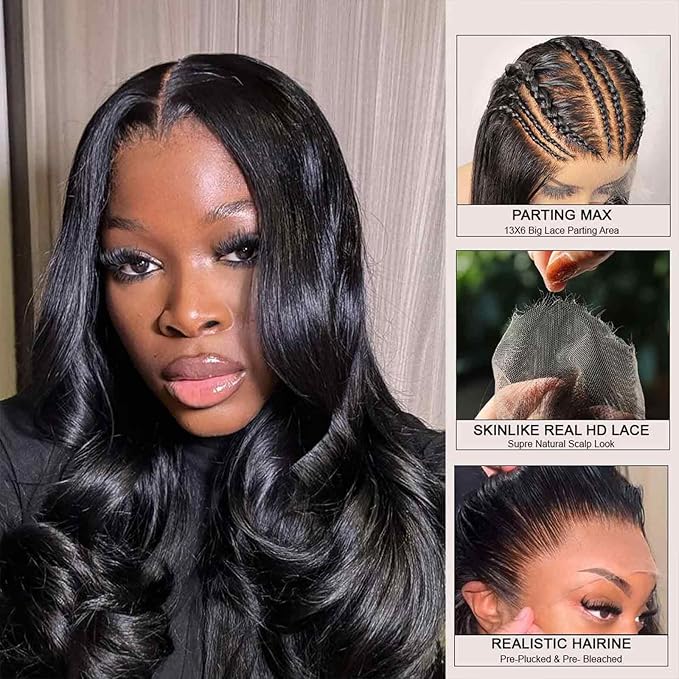 WOWANGEL 13x6 HD Lace Front Wigs Human Hair Body Wave Pre Plucked SKINLIKE 0.1mm Extremely Thin Real HD Lace Front Wigs 250% Density Glueless Human Hair Wigs for Women 28 Inch