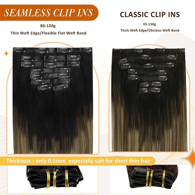 Full Shine Clip in Hair Extensions Black Hair Extensions Ombre Hair Extensions Clip Ins，16 Inch Natural Black To Medium Brown And Honey Blonde Invisile Hair Extensions With Pu Skin Weft 8pcs 120g