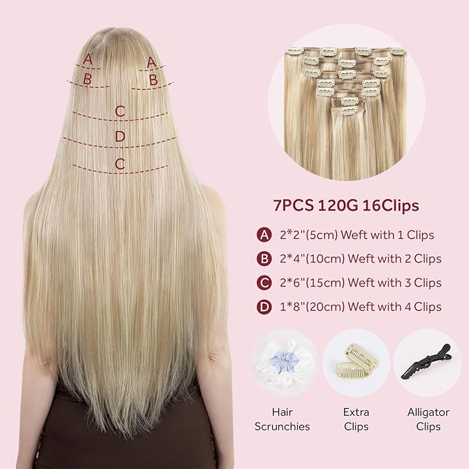 Clip in Hair Extensions Real Human Hair, Silky Remy Hair Extensions Clip Ins, Salon Quality Natural Human Hair, Light Blonde Highlighted Golden Blonde #P16/22 18Inch 120G 7PCS