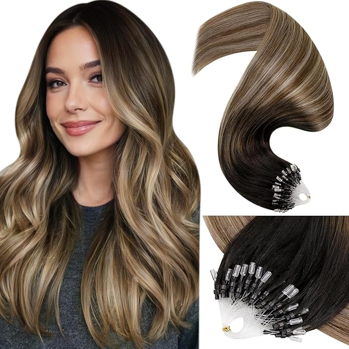 LaaVoo Micro Ring Hair Extension Human Hair Darkest Brown to Medium Brown with Ash Brown Micro Link Hair Extensions Human Hair 20 Inch Micro Beads Extensions For Women 1g/1s 50g