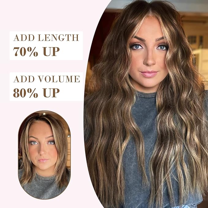 REECHO Hair Extensions, 4PCS Clip in Hair Extensions HE001 Natural Soft Synthetic Hairpieces for Women, Brown with Honey Blonde Highlights