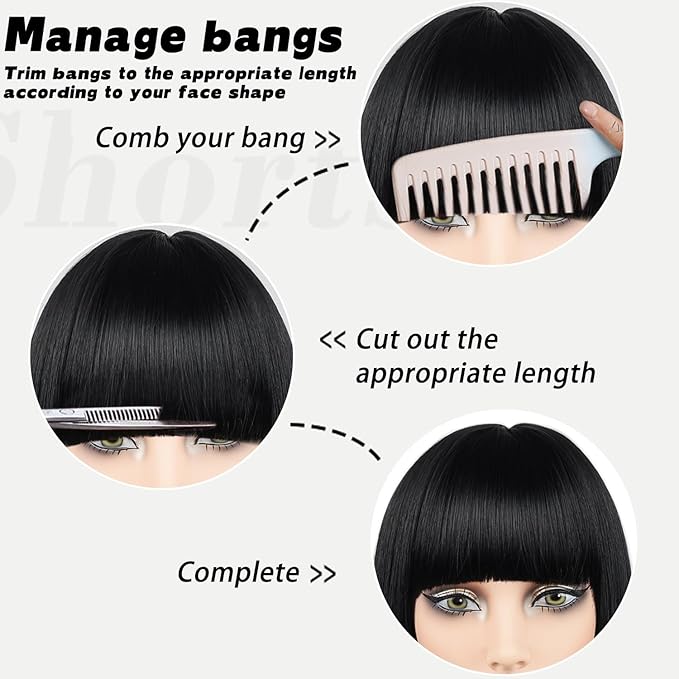 MAYSA Black Bob Wigs with Flat Bangs for Women Short Straight Black Wig Includ Wig Cap Synthetic Daily Party Natural Looking Wigs 12Inch #1B ﻿