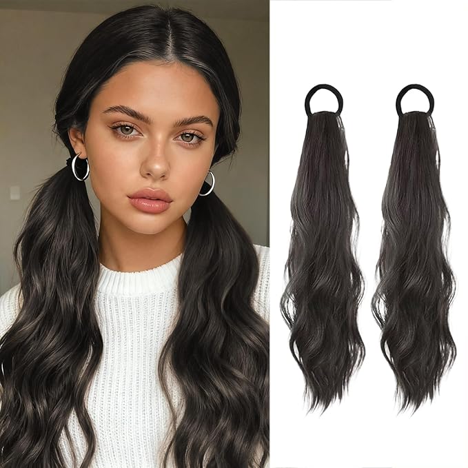 2PCS Curly Ponytail Extension with Hair Tie Hair Natural Wig Elastic Band Wave Fake Ponytail Wigs Accessories for Women Daily 17 Inch (2pcs-brown black)