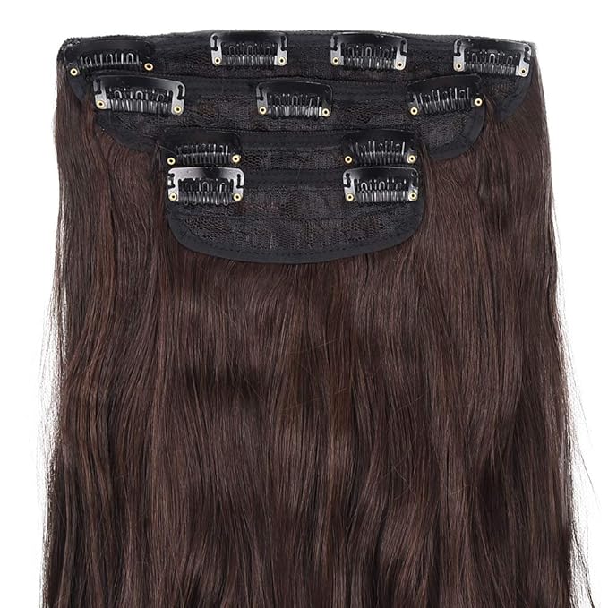 REECHO 24" Curly Wavy 4 Pieces Set Thick Clip in on Hair Extensions Dark Brown