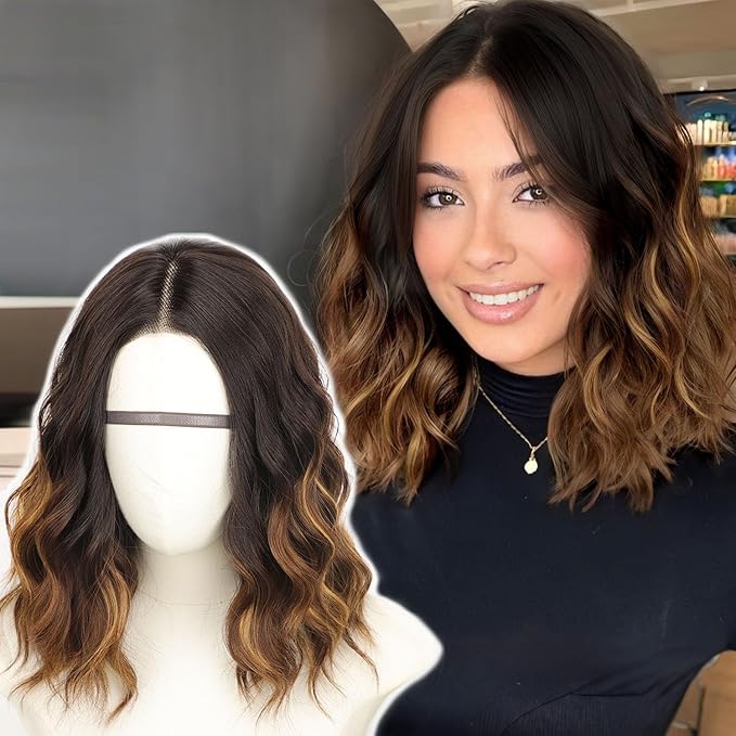 AISI HAIR 14 Inch Brown with Blonde Highlight Wigs for Women - Shoulder Length Wave Wig with Pre-Cut Lace Hairline, Middle Part Natural Wavy Bob Synthetic Heat Resistant Fiber for Daily and Party