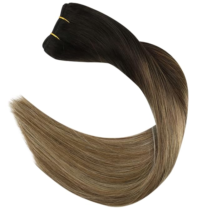 Full Shine Weft Hair Extensions Remy Hair Invisible Sew In Hair Extensions Real Human Ombre Human Hair Bundles For Women 20 Inch 105G Soft Silky Hair