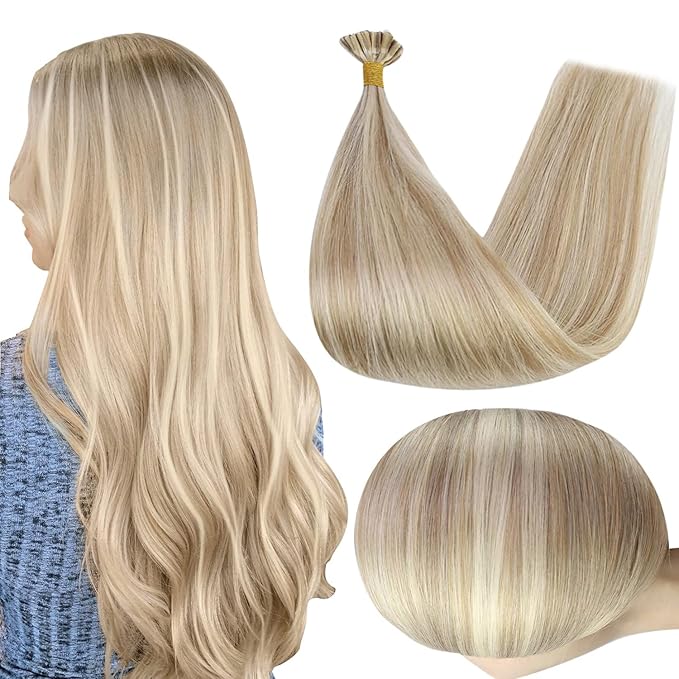 Full Shine U Tip Hair Extensions Human Hair Blonde Highlighted 24 Inch 50 Grams Ktip Human Hair Extensions for Women Long Straight Remy Hair Fusion Extensions add Length