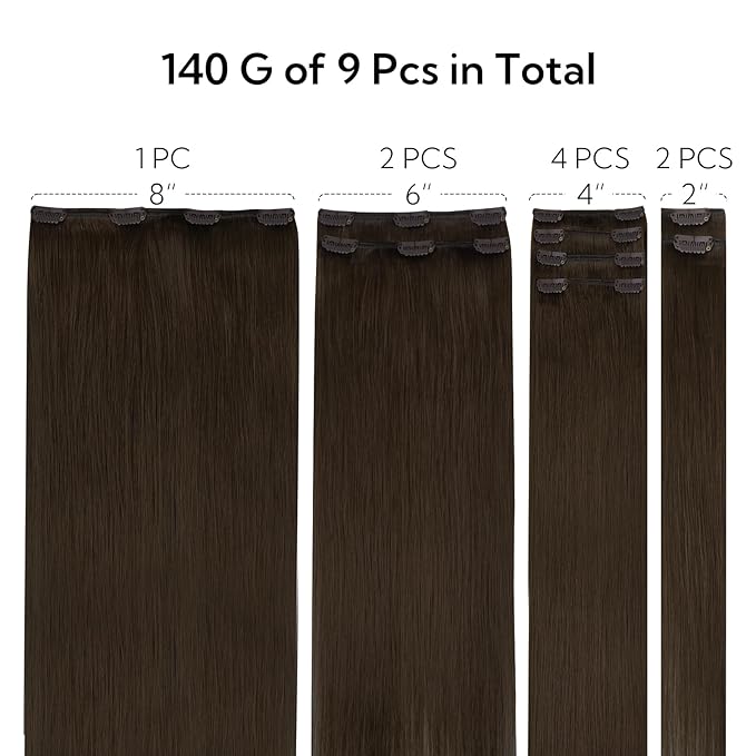 HOTBANANA Clip in Hair Extensions Real Human Hair, 135g 9pcs 14 inch Light Dark Brown Straight Remy Clip in Extensions Full Head for Women