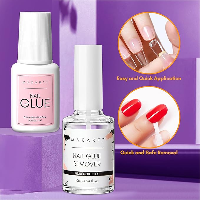 Makartt Nail Glue with Glue Remover Kit, Super Strong Nail Glue 7ML for Acrylic Nails Press On Nails,10ML Glue Off Fake Nails, Remover for Super Glue, Nail Polish Easy Application Nail Art Supplies