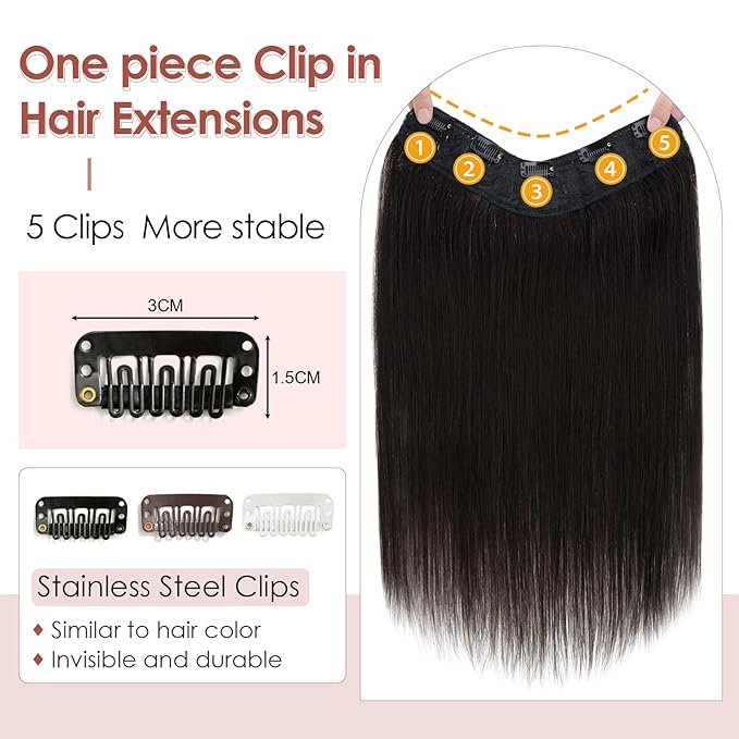 Benehair One Piece Clip in Hair Extensions Real Human Hair 3/4 Full Head V Shaped Weft Thicker Hair Lace Net One Piece Hair Extensions with 5 Clips (14"-55g #1B Natural Black)