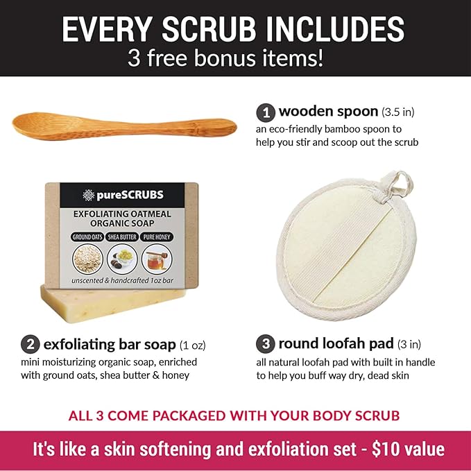 pureSCRUBS Premium Unscented Brown Sugar Body Scrub | Large 16oz Jar | Face, Feet & Full Body Scrub | Includes Wooden Spoon, Loofah & Mini Exfoliating Bar Soap