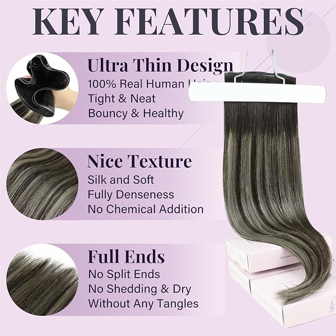 Fshine Genius Weft Hair Extensions Human Hair, 20 Inch 60 g Balayage Dark Brown Highlights Platinum Blonde, Ideal for Wedding Bridesmaid Party Hairstyles Professional Quality for Long Lasting Results