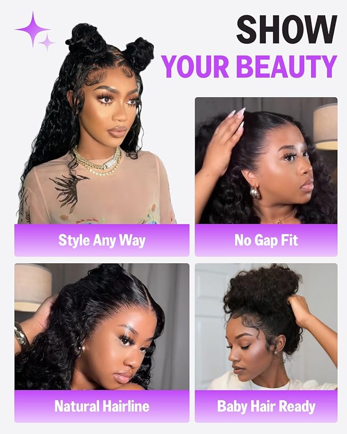 13x6 Three-Go™ Glueless Water Wave Lace Front Wigs Human Hair Pre Plucked Pre Cut 220% Density Ear-to-Ear Frontal Deep Curly Human Hair with Drawstring Wig 20 Inch