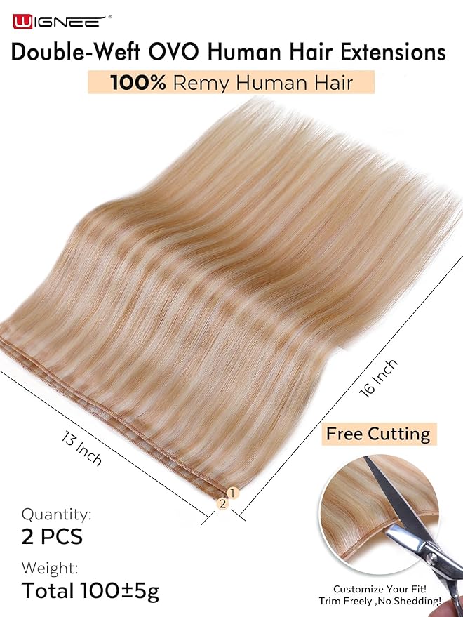 WIGNEE 100% Remy Double Wefts Invisible PU OVO Human Hair Extensions 16 Inch Micro Beads Real Human Hair Extensions Strawberry Highlight Blonde Weft Hair Extensions Human Hair Glueless (18/613)