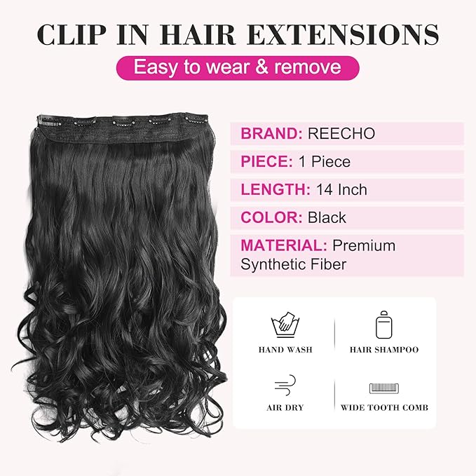 REECHO 14" 1-Pack 3/4 Full Head Curly Wavy Clips in on Synthetic Hair Extensions HE008 Hairpieces for Women 5 Clips 3.6 Oz per Piece - Natural Black