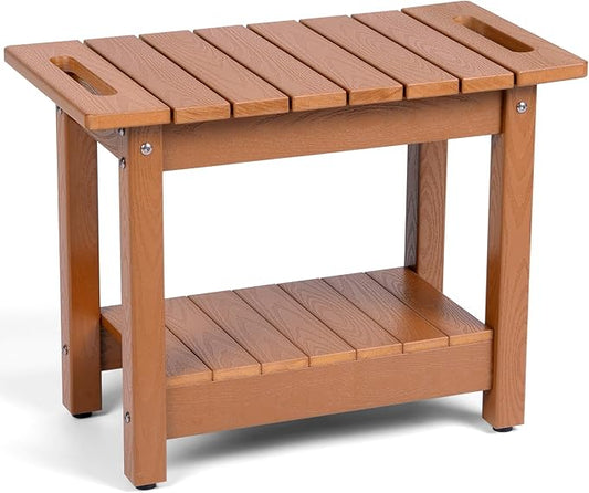 Waterproof Shower Bench, 24" Poly Lumber Shower Stool for Shaving Legs, Shower Chair Seat with Storage Shelf and Handles, Bathroom Bench for Inside Shower, Non-Slip (Brown)