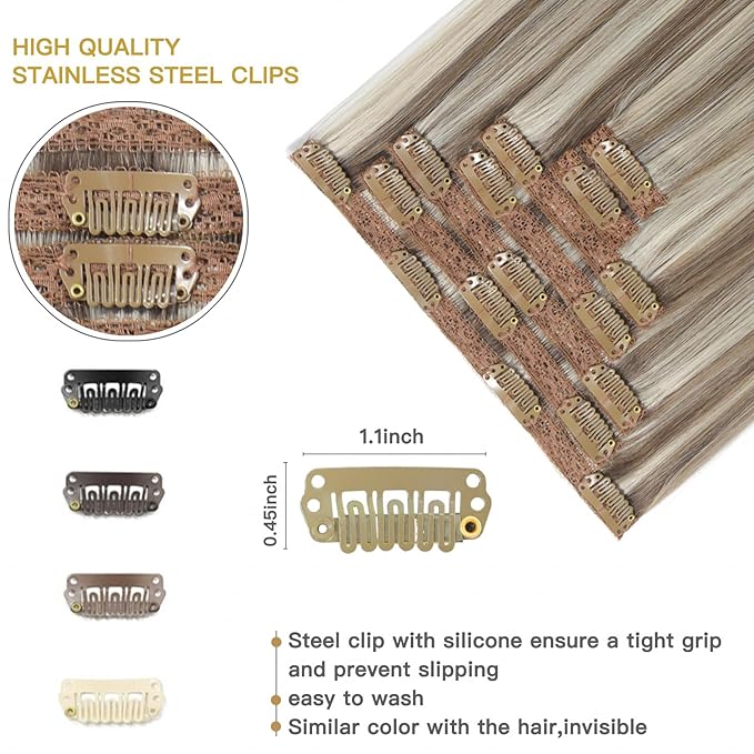 Clip in Real Human Hair Ash Brown Highlights Platinum Blonde Remy Hair Extensions Lace Weft Clip In Extensions 120G 18inch 7Pcs