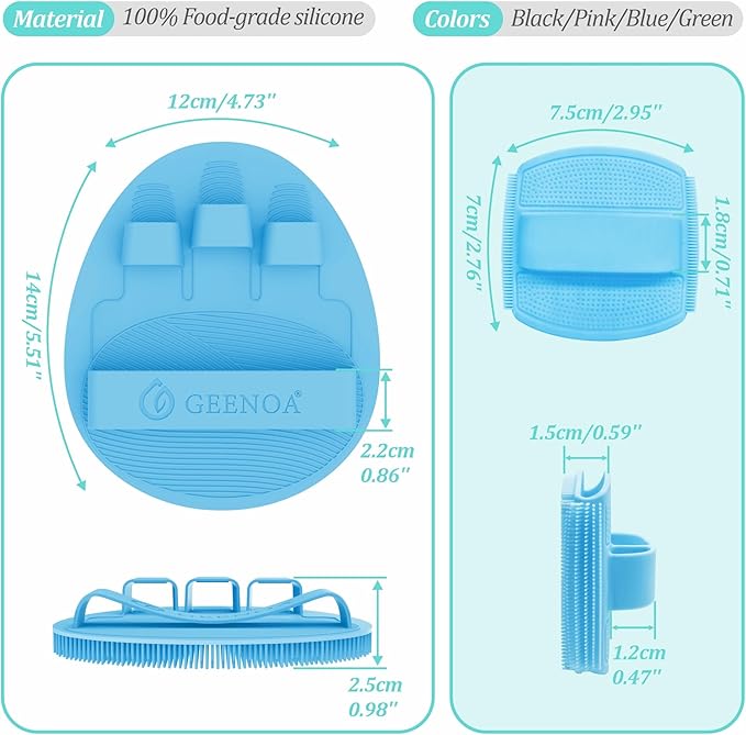 Soft Silicone Bath Glove & Face Scrubber Set 2PCS, 360° Anti-Slip & Hand-fit Body Scrubber for Rich Foaming Deep Cleaning, Unique Facial Scrubber with Side-bristles for Contoured Areas.(Blue)