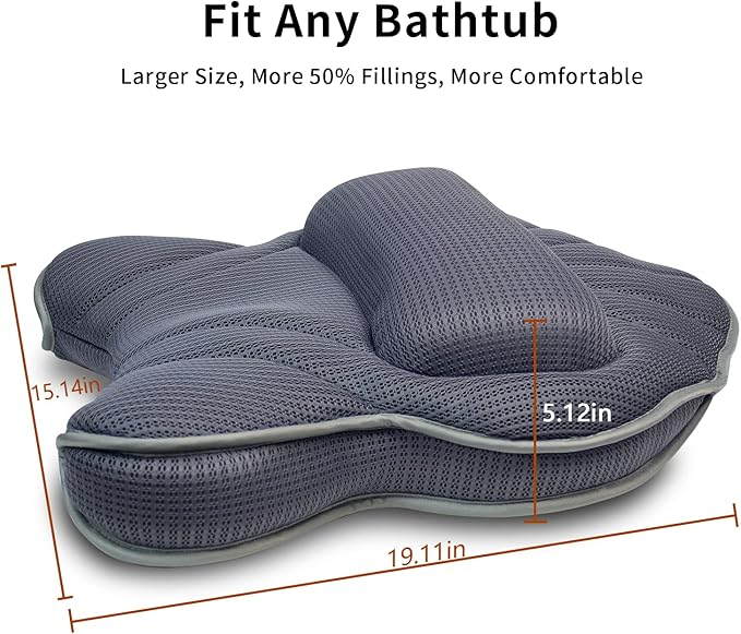 Extra Thick Large Bath Pillow with Neck,Back,Head Support for Bathtub, Spa, Soaking Gray(19''x15'')