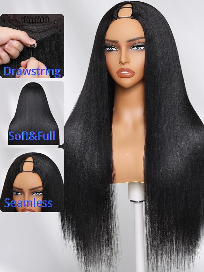Nadula EasiContour V Part Yaki Straight Human Hair No Leave Out Clip in V-part Wig,12A Glueless Upgrade U Part Light Kinky Straight Human Hair Wig 180% Density with Elastic Drawstring 18inch