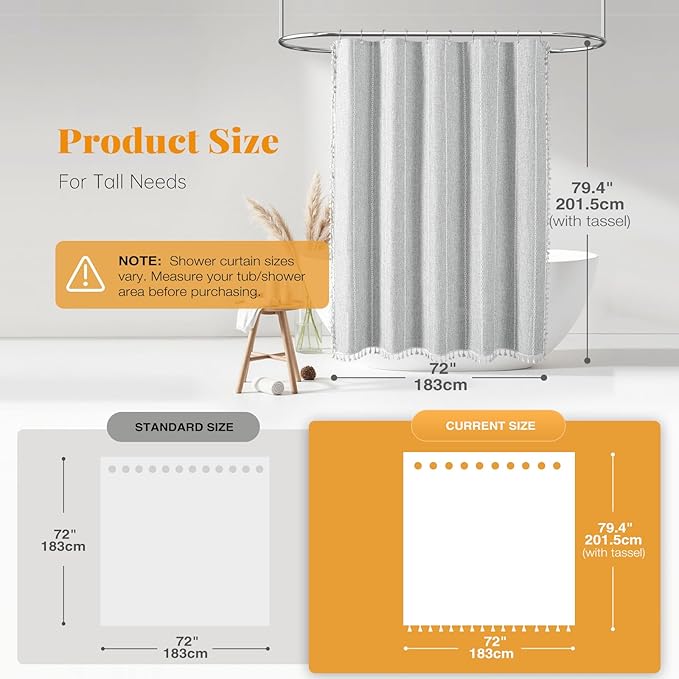 BTTN Boho Farmhouse Shower Curtain - Linen Rustic Heavy Duty Striped Fabric Shower Curtain Set with Tassel, Bohemian Vintage Country Cloth Shower Curtains for Bathroom，Grey，72" W x 78" L (Pack of 1)