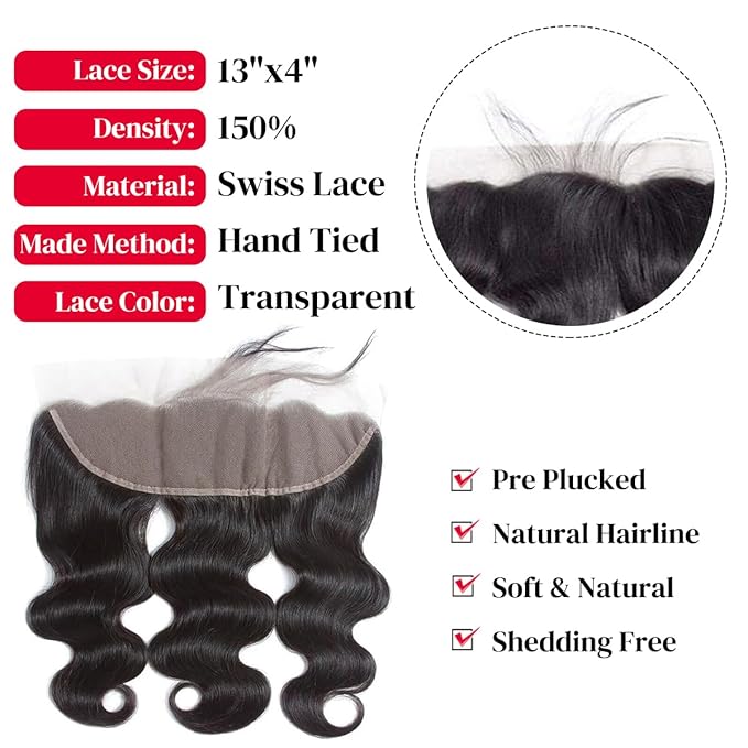 12A Body Wave 4 Bundles with Frontal Human Hair Bundles with 13x4 Lace Frontal (18 20 22 24+16 Inch) Brazilian Body Wave Hair Virgin Hair Ear to Ear 13x4 Frontal Natural Black