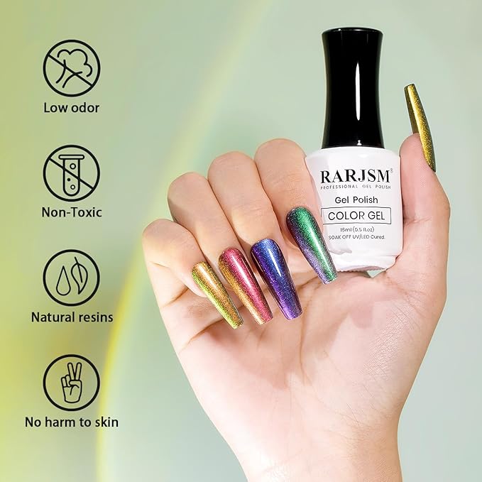 RARJSM Chameleon Gel Nail Polish Glitter Gold to Green Multichrome Color Changing Holographic Gel Polish Curing Requires Sparkly Shimmer Nail Gel Varnish Soak Off DIY at Home Salon 15ml 0.5FLOZ