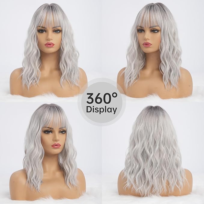 Silver Wigs for Women Ombre Grey Wavy Wig with Bangs Dark Roots Synthetic Hair Wig Medium Middle Length Bob Wig Water Wave Gray Colorful Wigs for Daily Party Cosplay Use (16 inch)