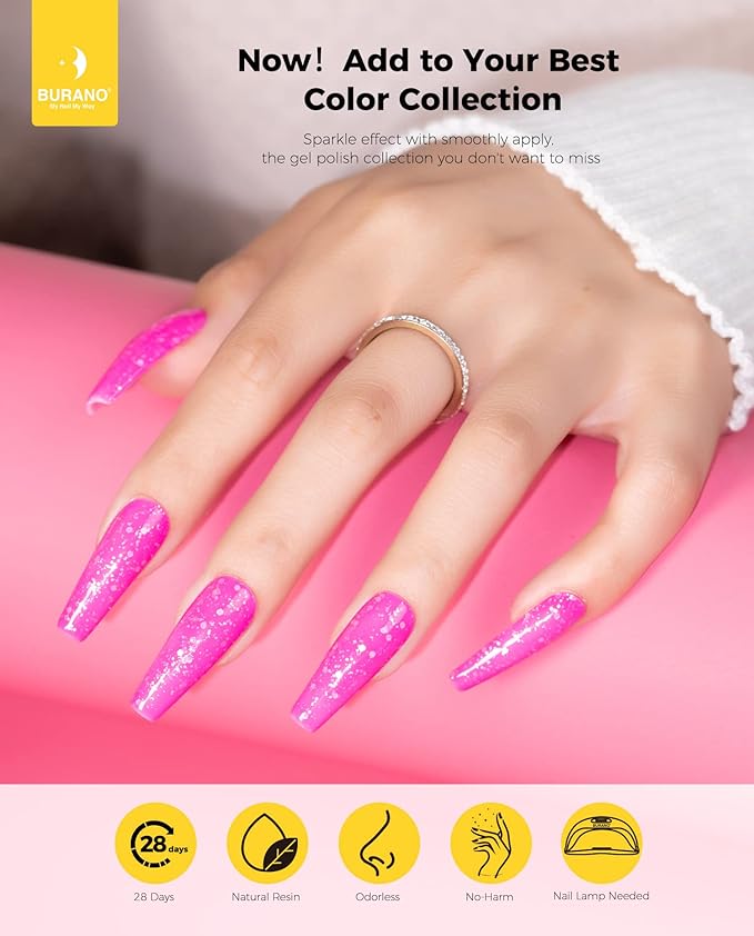 BURANO Glitter Gel Nail Polish, LED UV Nail Gel Shimmer Holographic Effect Soak off Gel Curing Required, No Chip Gel Polish Sparkle Gel Home DIY Nail Salon (Hot pink LP6)