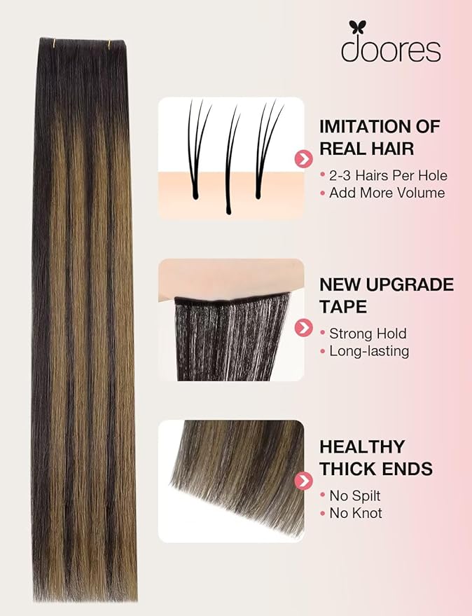 DOORES Invisi Edge Wide Tape in Human Hair Extensions, Dark Brown to Chestnut Brown 4PCS Injection Tape ins 20g 18 Inch, Injected 3 Inch Wide Extensions Straight for Thinning Hair