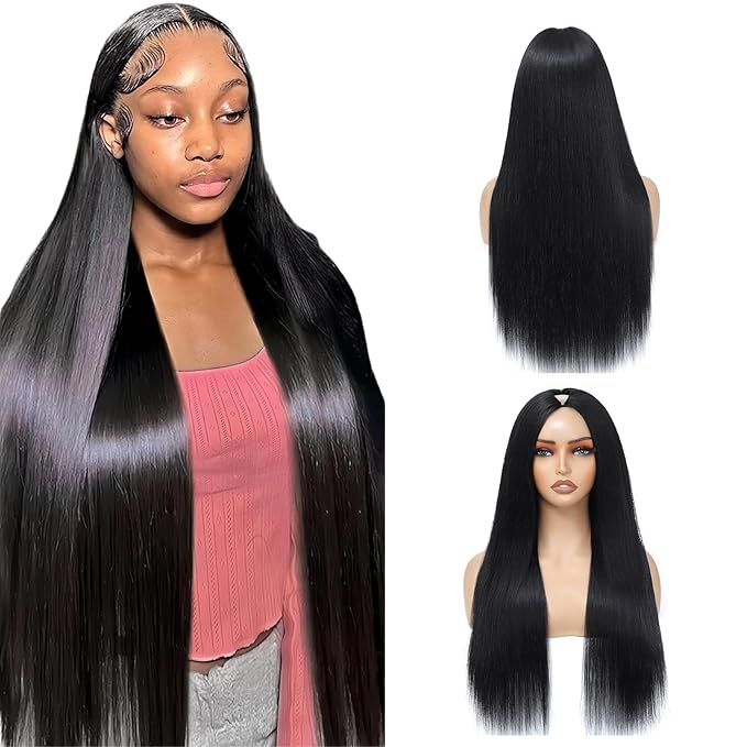 V Part Wig Human Hair Straight Human Hair Wigs Upgrade U Part Human Hair Wig for Women No Leave Out No Sew In 200% Density Natural Color 28 Inch