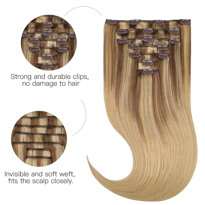 HOTBANANA Human Hair Clip in Hair Extensions, Balayage Coffee Brown Highlighted Sandy Blonde 120g Clip in Hair Extensions Real Human Hair Straight Remy Hair 18 Inch 7pcs