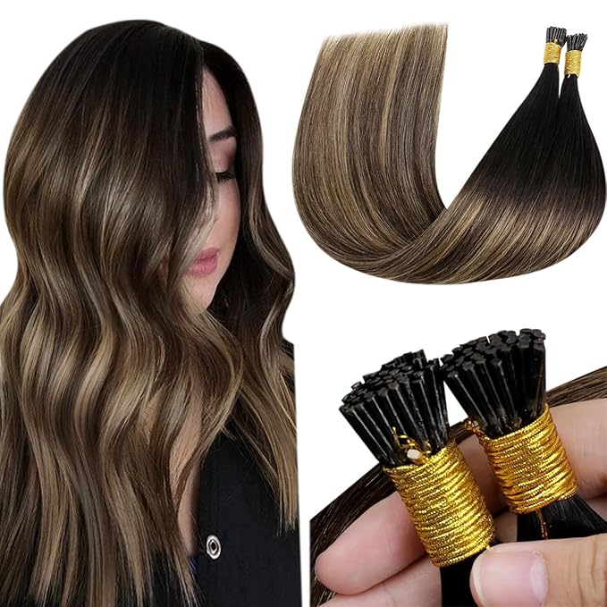 LaaVoo Itip Human Hair Extensions Itip Hair Extensions Human Hair Natural Black Balayage Medium Brown Ombre Caramel Brown 24 Inch 50g 50s