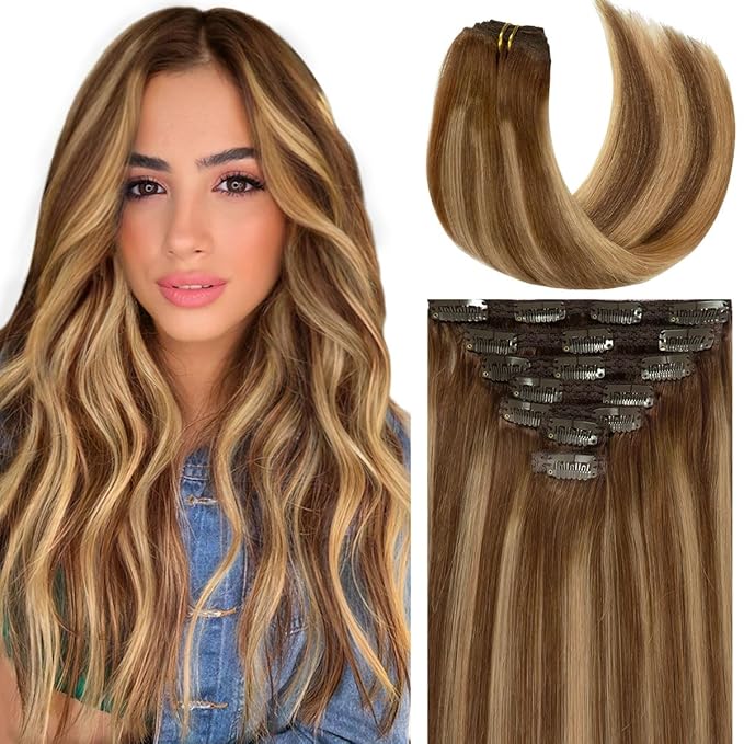 Caliee Real Hair Extension Clip in Human Hair Extensions for Full Head R4-4/27 Balayage Natural Straight Hair Extensions for Women 16inch 120g 7Pcs
