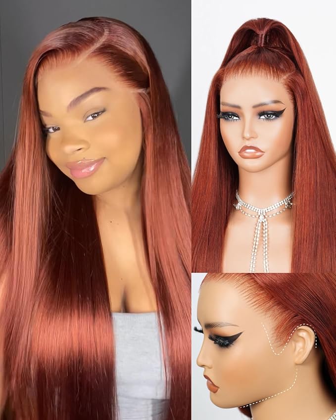 13x6 Reddish Brown Lace Front Wigs Human Hair Pre Plucked Glueless Drawstring Straight Wigs Human Hair 220% Density Upgrade Ear-to-Ear HD Lace Front Wig 20 Inch