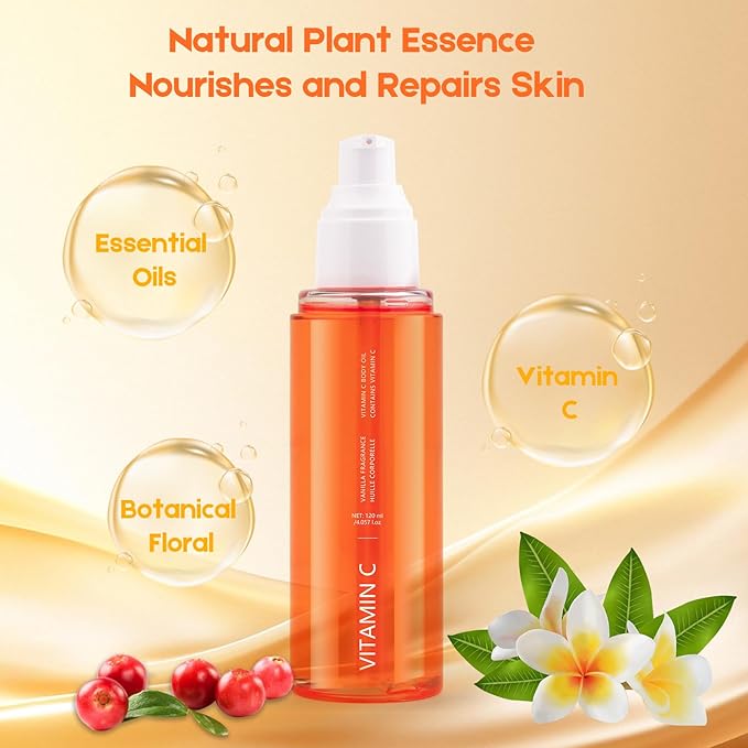 Vitamin C Body Oil for Men and Women, 4.057 fl oz, Floral Body Serum with Dogwood and Banana Flower Extracts to soothe tight skin and reveal smooth, radiant skin