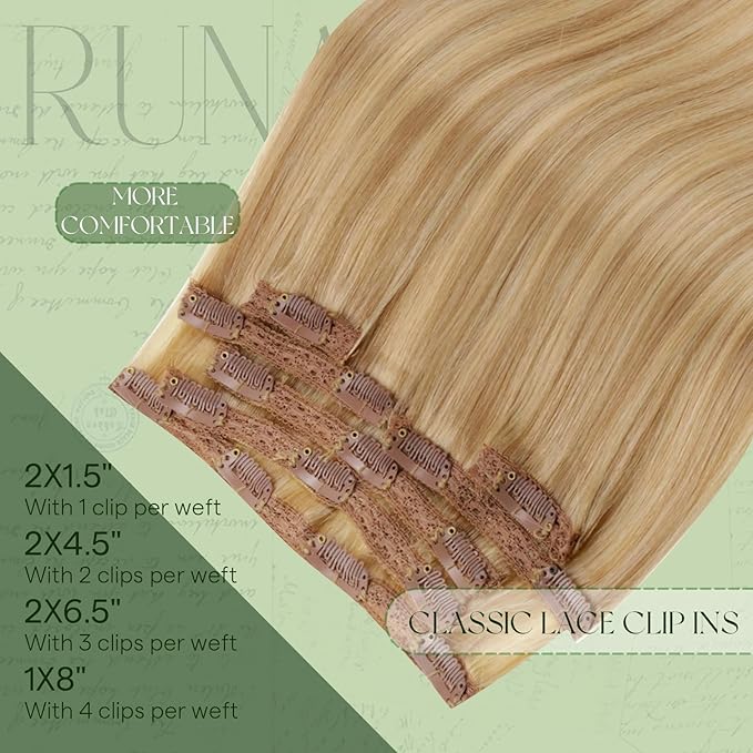 RUNATURE Human Hair Clip in Extensions Blonde, 14 Inch 120g 7pcs Thick Clip in Hair Extensions Real Human Hair, Full Head Remy Hair, Add Volume #16P24 Golden Blonde with Highlights